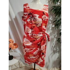 Vtg Hilo Hattie Sarong Wrap Side Tie Dress Size L Red Tropical Island Palm Tiki